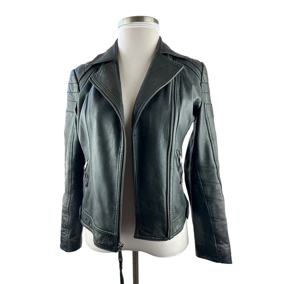 Michael Michael Kors Motorcycle Leather Jacket Distress Black Zip Moto Womens M - Picture 2 of 16